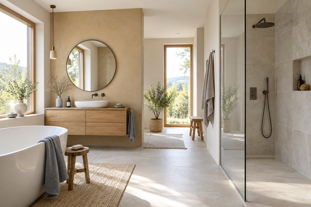 Helles modernes Badezimmer mit dezentem Lehmputz hinter dem Waschtisch und separater gefliester Dusche